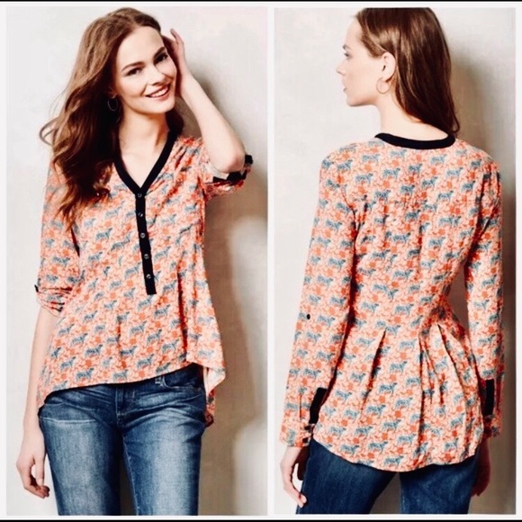 ANTHROPOLOGIE Tiger Blouse in bright orange & navy - Picture 5 of 5